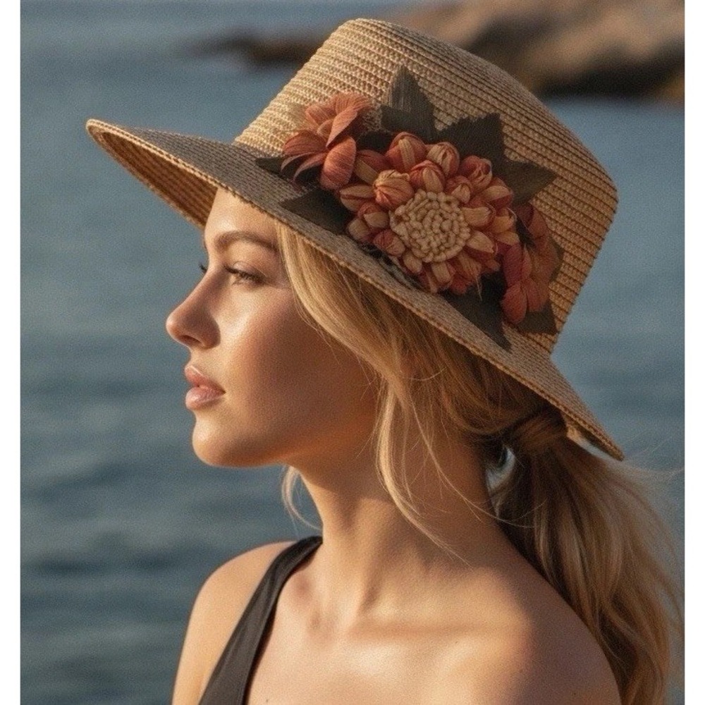 Vintage Woven Straw Wide Brim Sun Hat Garden Floral Raffia Chrysanthemum Coiled